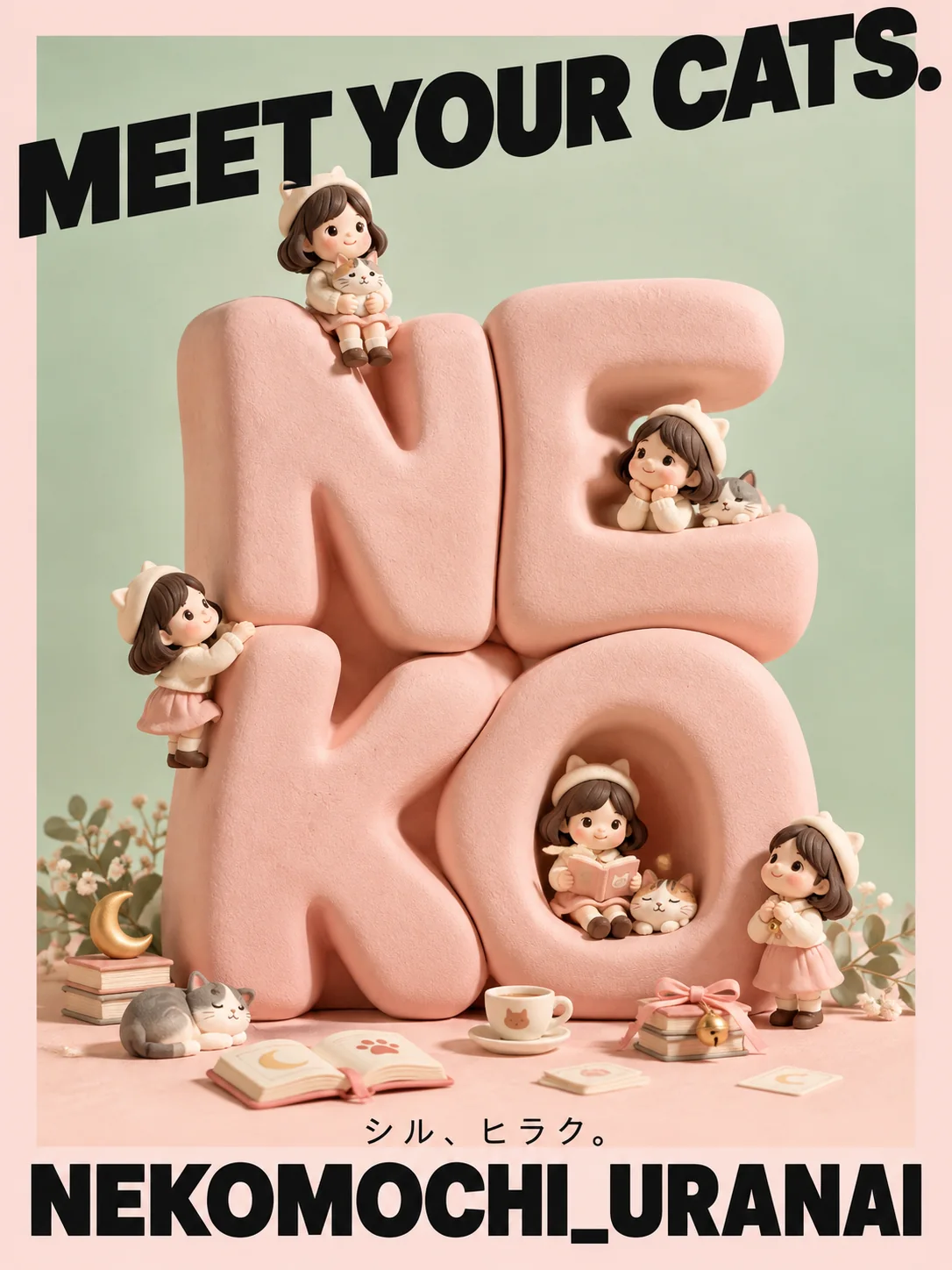 MEET YOUR CATS. ねこと女の子が寄り添う、ねこもち占いのポスター
