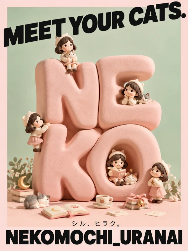 NEKO。ピンクの立体文字に集まる、ねこと女の子たち。シル、ヒラク。